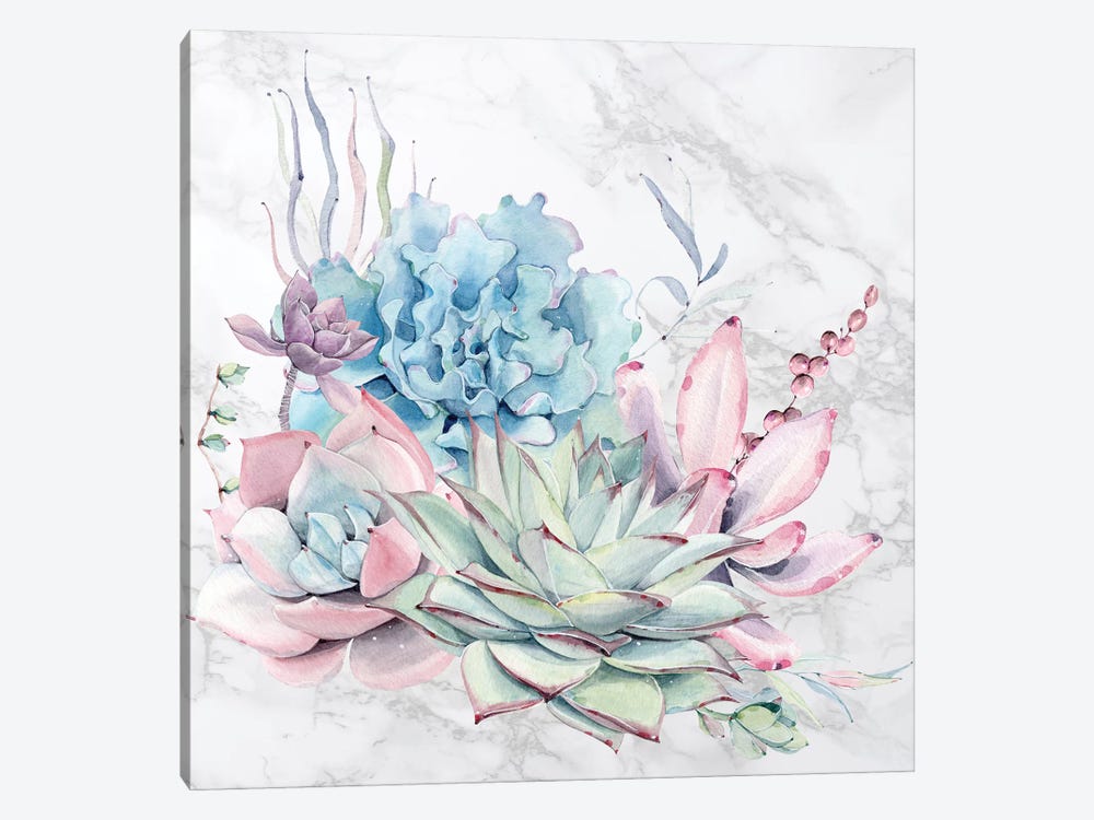 Desert Succulents Flowers Watercolor on Marble by Nature Magick 1-piece Canvas Artwork