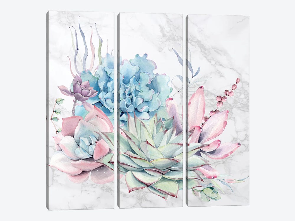 Desert Succulents Flowers Watercolor on Marble by Nature Magick 3-piece Canvas Artwork
