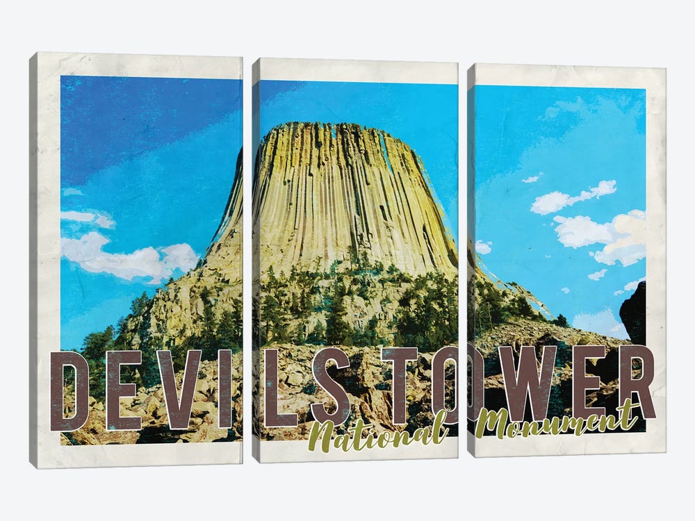 Devils Tower National Monument Vintage Postcard by Nature Magick 3-piece Canvas Art Print