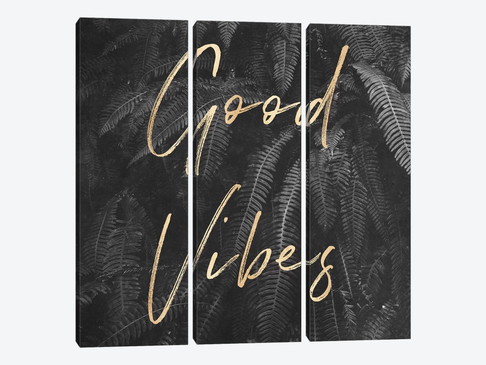 Good Vibes Gray Ferns Gold In Square by Nature Magick 3-piece Canvas Print