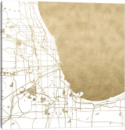 Chicago Illinois City Map Canvas Art Print - Black, White & Gold Art