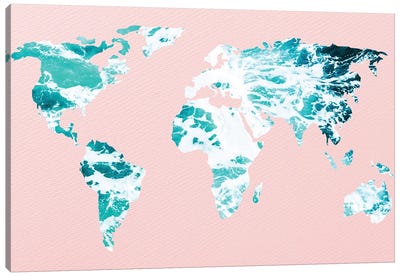 Map of Ocean Waves on Pink Canvas Art Print - World Map Art