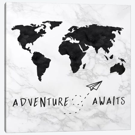 Marble World Map Black Adventure Awaits Square Canvas Print #MGK372} by Nature Magick Canvas Wall Art
