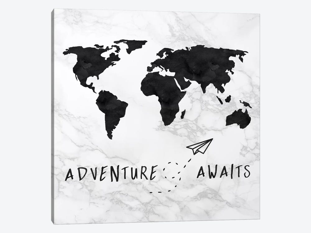 Marble World Map Black Adventure Awaits Square by Nature Magick 1-piece Canvas Art Print