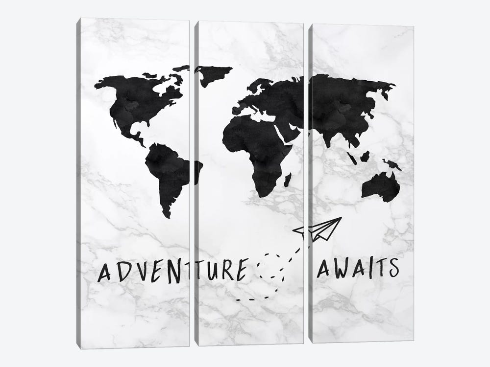 Marble World Map Black Adventure Awaits Square by Nature Magick 3-piece Canvas Art Print