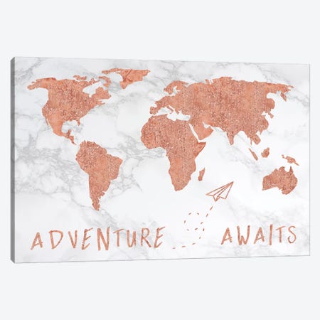 Marble World Map Rose Gold Adventure Awaits Canvas Print #MGK373} by Nature Magick Canvas Art