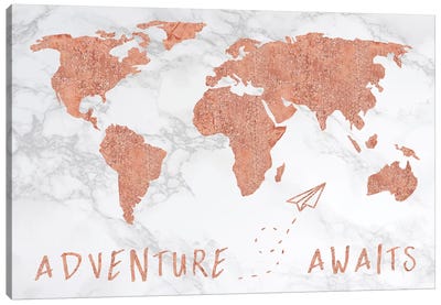 Marble World Map Rose Gold Adventure Awaits Canvas Art Print - World Map Art