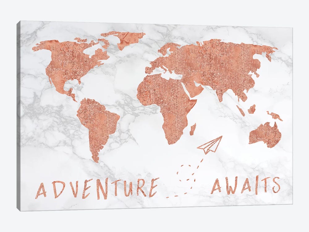 Marble World Map Rose Gold Adventure Awaits by Nature Magick 1-piece Canvas Art