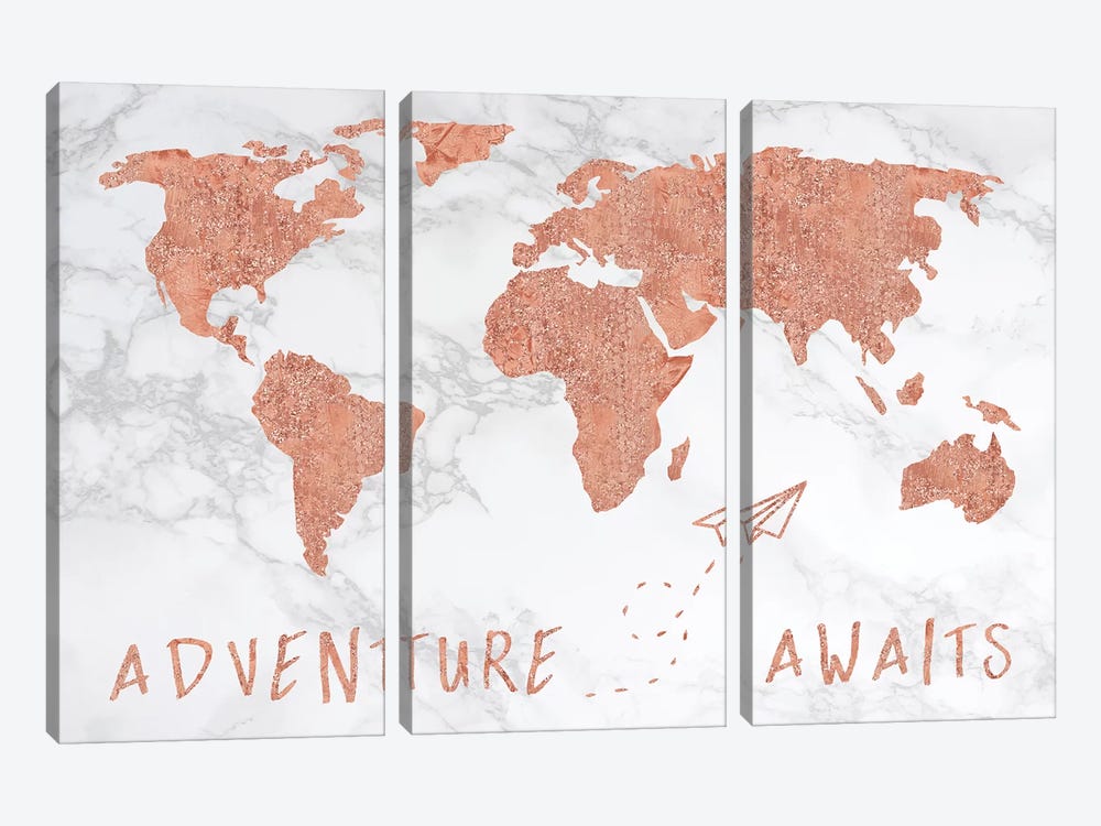 Marble World Map Rose Gold Adventure Awaits by Nature Magick 3-piece Canvas Artwork