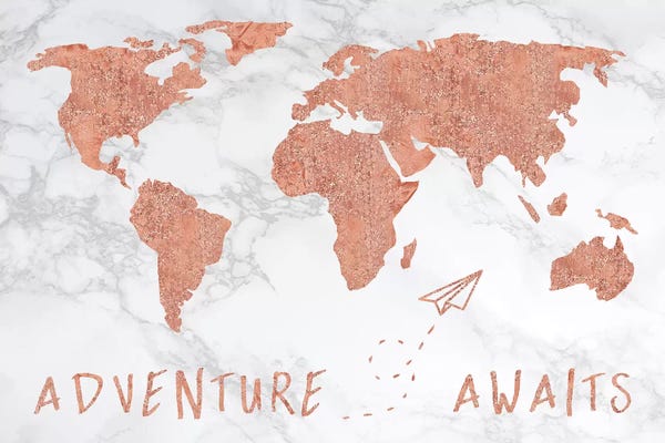 Large Map Art - Canvas Prints: Marble World Map Rose Gold Adventure Awaits by Nature Magick