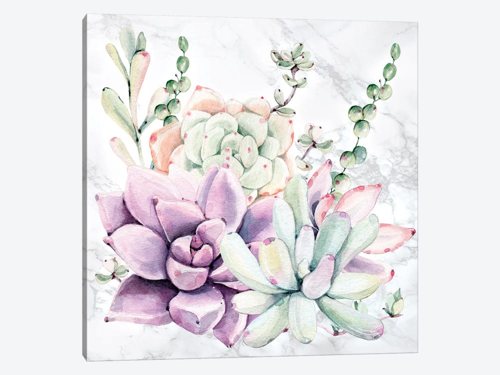 Southwest Succulents Floral Watercolor on Marble by Nature Magick 1-piece Canvas Print