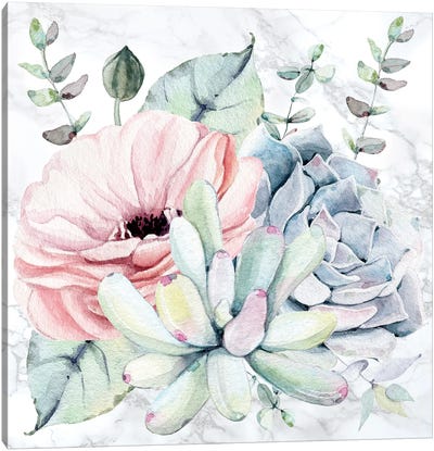 Succulents Floral Watercolor on Marble Canvas Art Print - Nature Magick