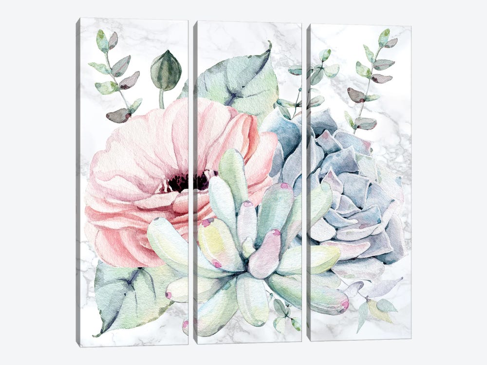 Succulents Floral Watercolor on Marble by Nature Magick 3-piece Canvas Wall Art