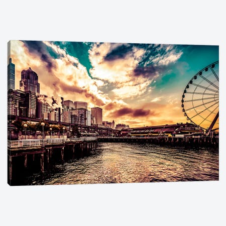 Turquoise Seattle Sunrise Great Wheel Pier 57 Cityscape Canvas Print #MGK472} by Nature Magick Canvas Print