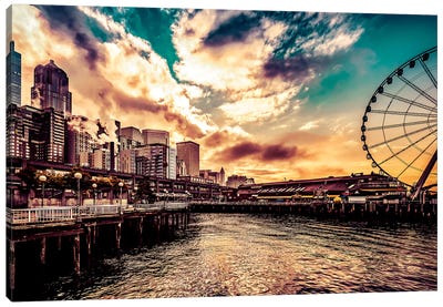 Turquoise Seattle Sunrise Great Wheel Pier 57 Cityscape Canvas Art Print - Amusement Park Art