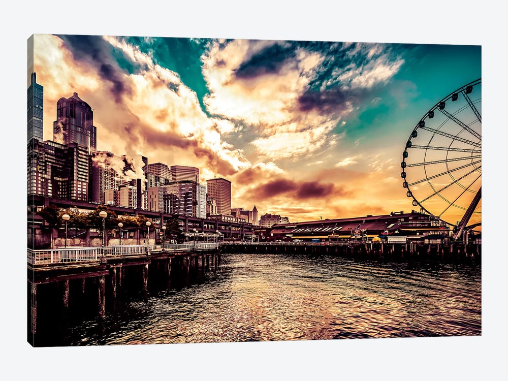 Turquoise Seattle Sunrise Great Wheel Pier 57 Cityscape by Nature Magick 1-piece Canvas Wall Art