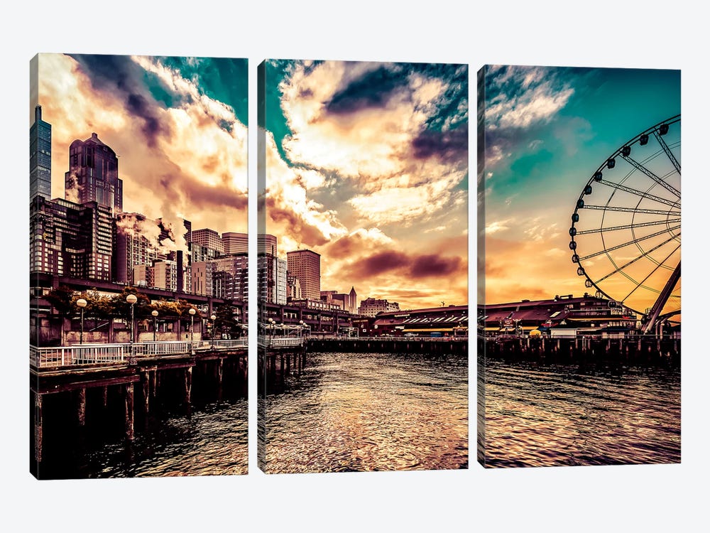 Turquoise Seattle Sunrise Great Wheel Pier 57 Cityscape by Nature Magick 3-piece Canvas Wall Art