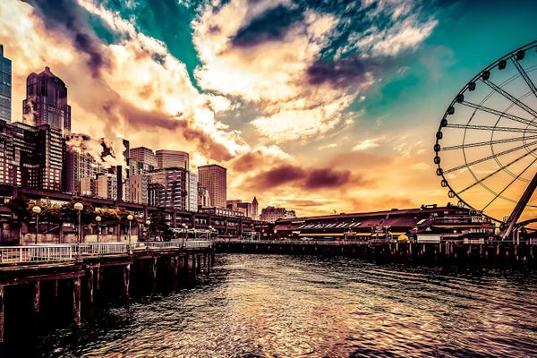 Seattle: Turquoise Seattle Sunrise Great Wheel Pier 57 Cityscape by Nature Magick