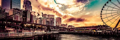 Turquoise Seattle Sunrise Great Wheel Pier 57 Cityscape Panorama by Nature Magick canvas print