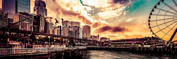 Turquoise Seattle Sunrise Great Wheel Pier 57 Cityscape Panorama by Nature Magick wall art