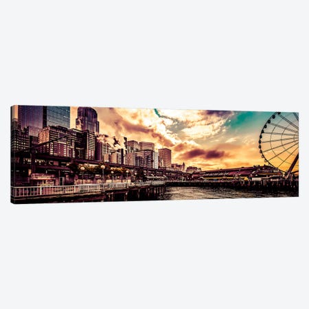 Turquoise Seattle Sunrise Great Wheel Pier 57 Cityscape Panorama Canvas Print #MGK473} by Nature Magick Art Print