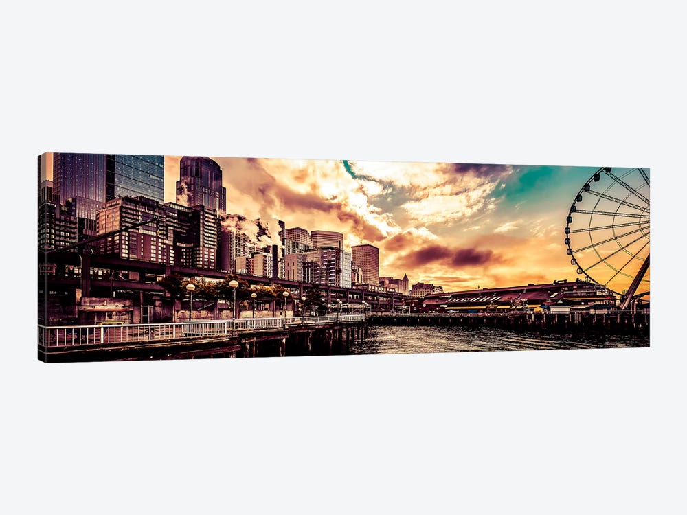 Turquoise Seattle Sunrise Great Wheel Pier 57 Cityscape Panorama by Nature Magick 1-piece Canvas Art Print