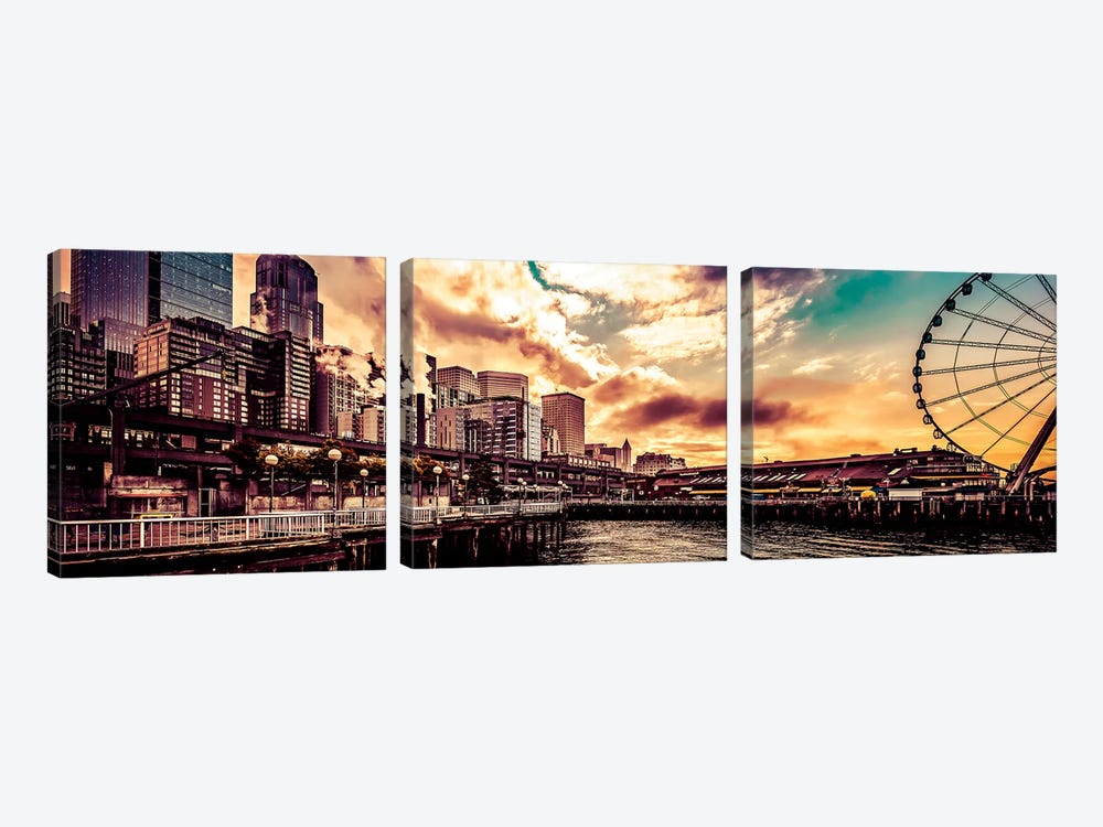 Turquoise Seattle Sunrise Great Wheel Pier 57 Cityscape Panorama by Nature Magick 3-piece Art Print
