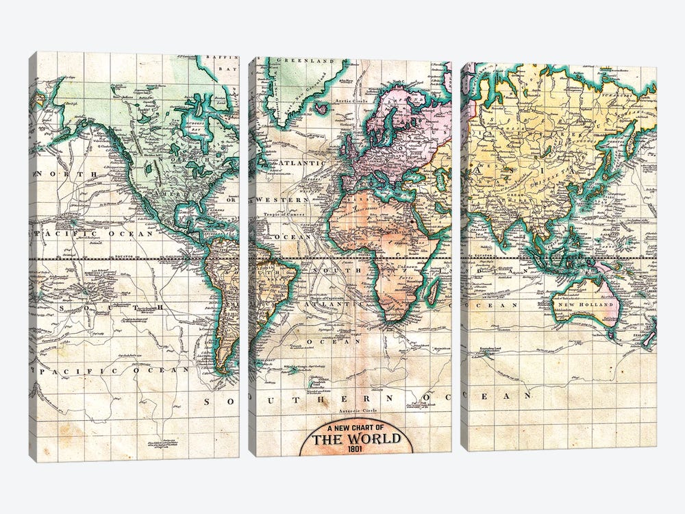 Vintage World Map 1801 by Nature Magick 3-piece Canvas Print
