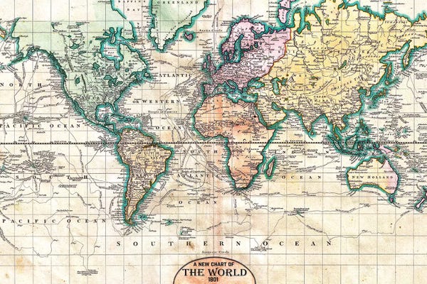 Large Map Art - Canvas Prints: Vintage World Map 1801 by Nature Magick