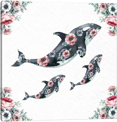 Watercolor Floral Whales Canvas Art Print - Nature Magick