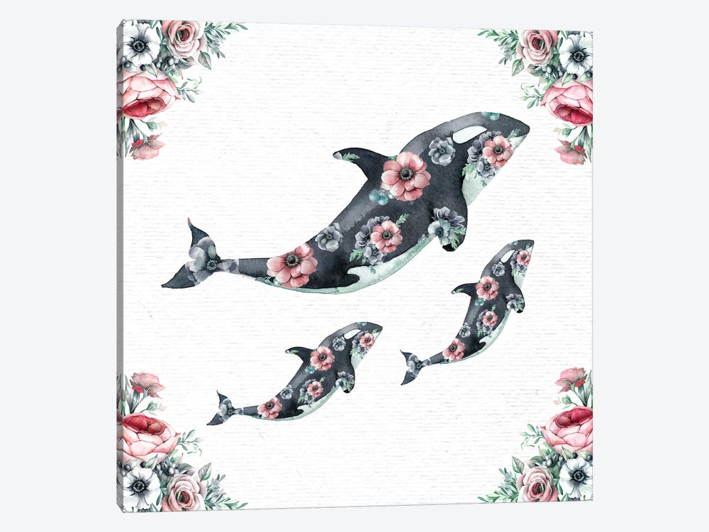 Watercolor Floral Whales by Nature Magick 1-piece Canvas Artwork