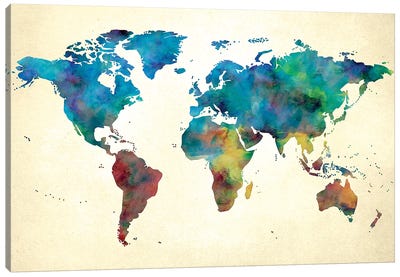 World Map Colorful Watercolor on Paper Canvas Art Print - Nature Magick