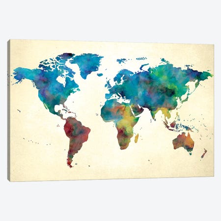 World Map Colorful Watercolor on Paper Canvas Print #MGK490} by Nature Magick Art Print