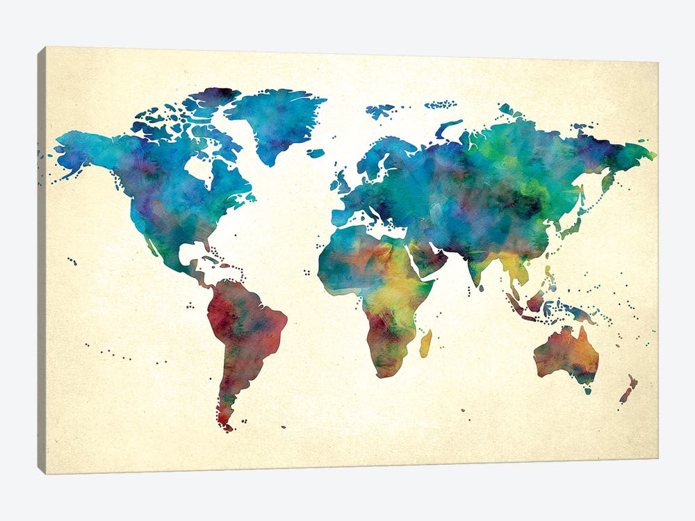 World Map Colorful Watercolor on Paper by Nature Magick 1-piece Canvas Art