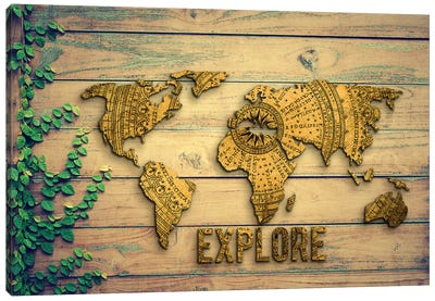 World Map Explore Vintage Compass Garden Wood Grain Canvas Art Print - Nature Magick