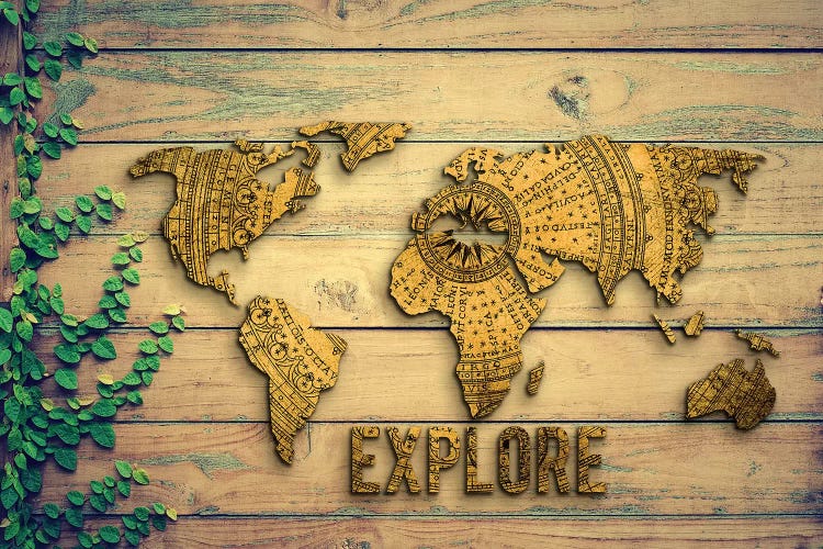 World Map Explore Vintage Compass Garden Wood Grain