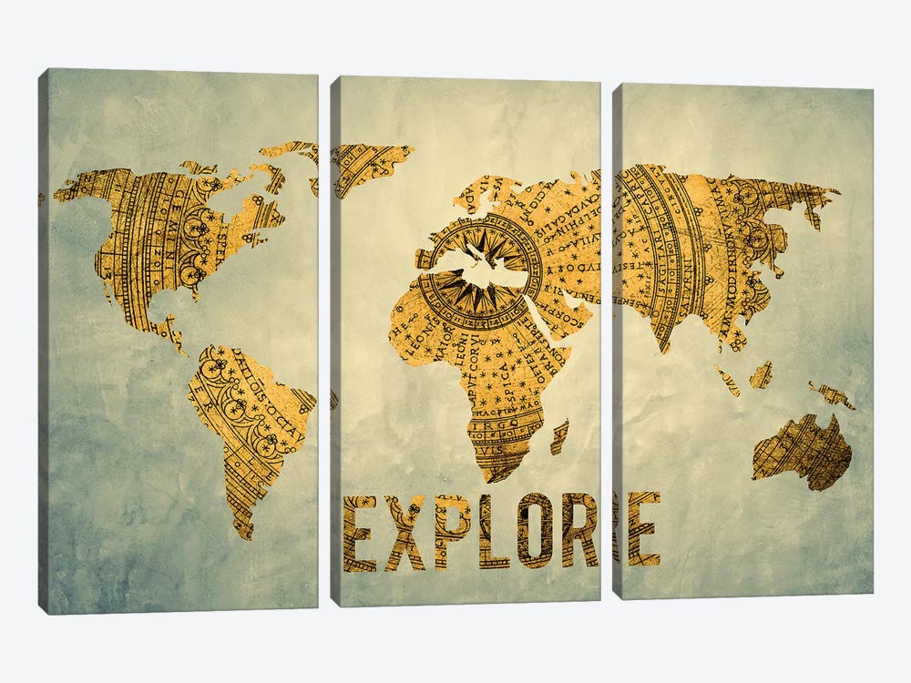 World Map Explore Vintage Compass Navy Blue by Nature Magick 3-piece Canvas Wall Art