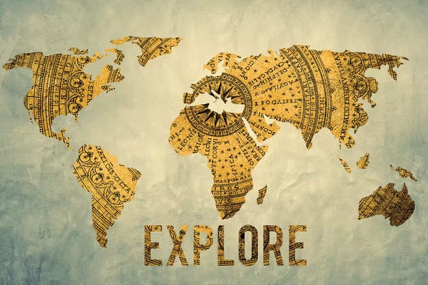 World Map Explore Vintage Compass Navy Blue