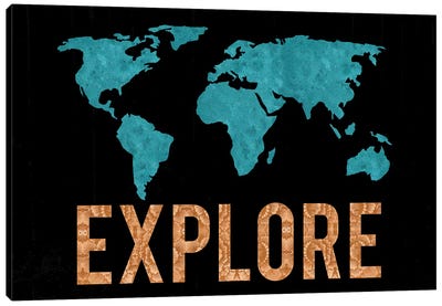World Map Explore Vintage Turquoise Black Bronze Copper Canvas Art Print - Exploration Art