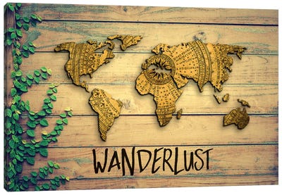 World Map Wanderlust Vintage Compass Garden Wood Grain Canvas Art Print - Travel Art