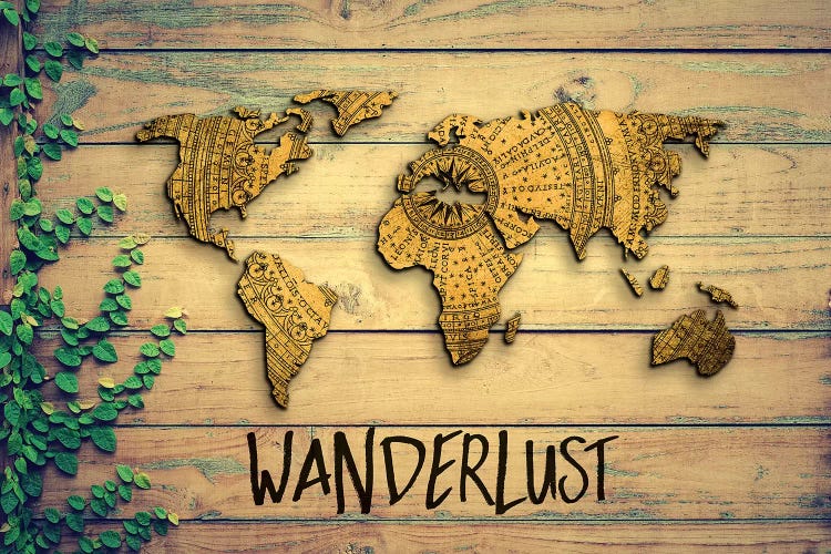 World Map Wanderlust Garden Wood Grain Vintage Compass