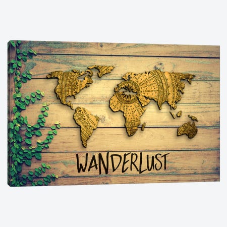 World Map Wanderlust Vintage Compass Garden Wood Grain Canvas Print #MGK494} by Nature Magick Canvas Wall Art
