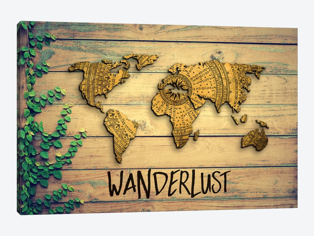 World Map Wanderlust Vintage Compass Garden Wood Grain by Nature Magick 1-piece Canvas Artwork