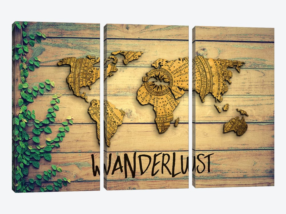 World Map Wanderlust Vintage Compass Garden Wood Grain by Nature Magick 3-piece Canvas Wall Art