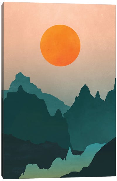 Rising Sun Teal Mountain Adventure Canvas Art Print - Mountain Sunrise & Sunset Art
