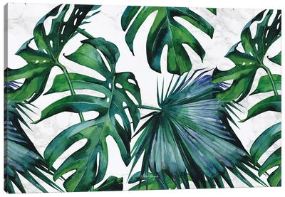 Tropical Palm Tree And Monstera On Marble Watercolor Canvas Art Print - Leaf Art