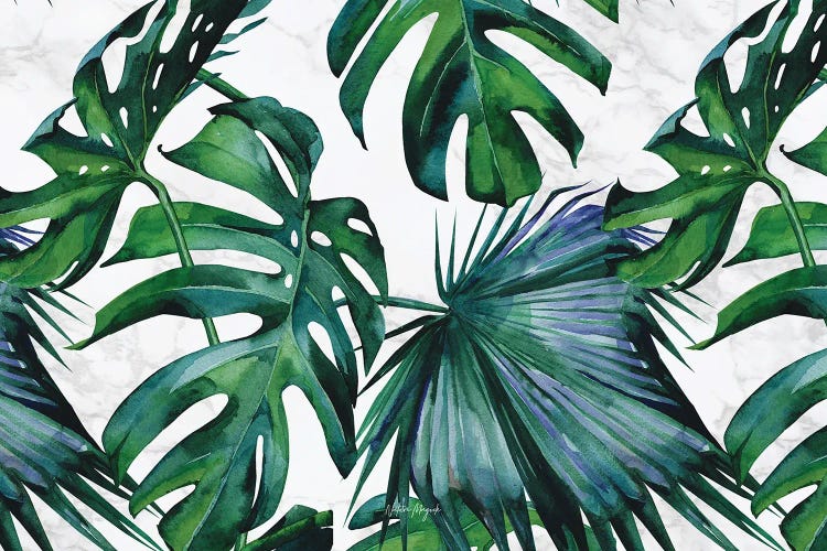 Tropical Palm Tree And Monstera On Marble Watercolor