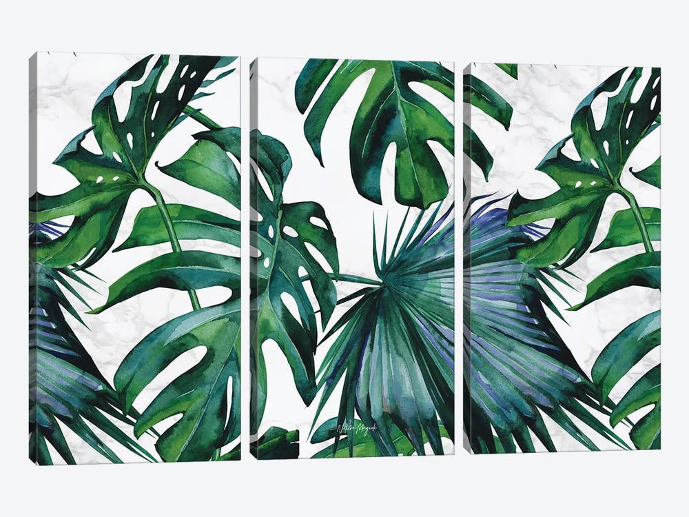 Tropical Palm Tree And Monstera On Marble Watercolor by Nature Magick 3-piece Canvas Print