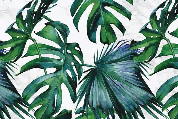 Monsteras: Tropical Palm Tree And Monstera On Marble Watercolor by Nature Magick