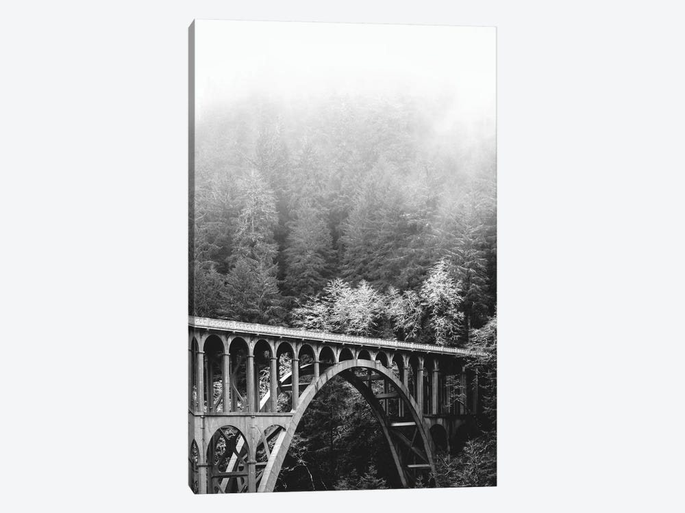 Cape Creek Bridge Hwy 101 Foggy Winter Forest Beach in Black and White by Nature Magick 1-piece Canvas Print